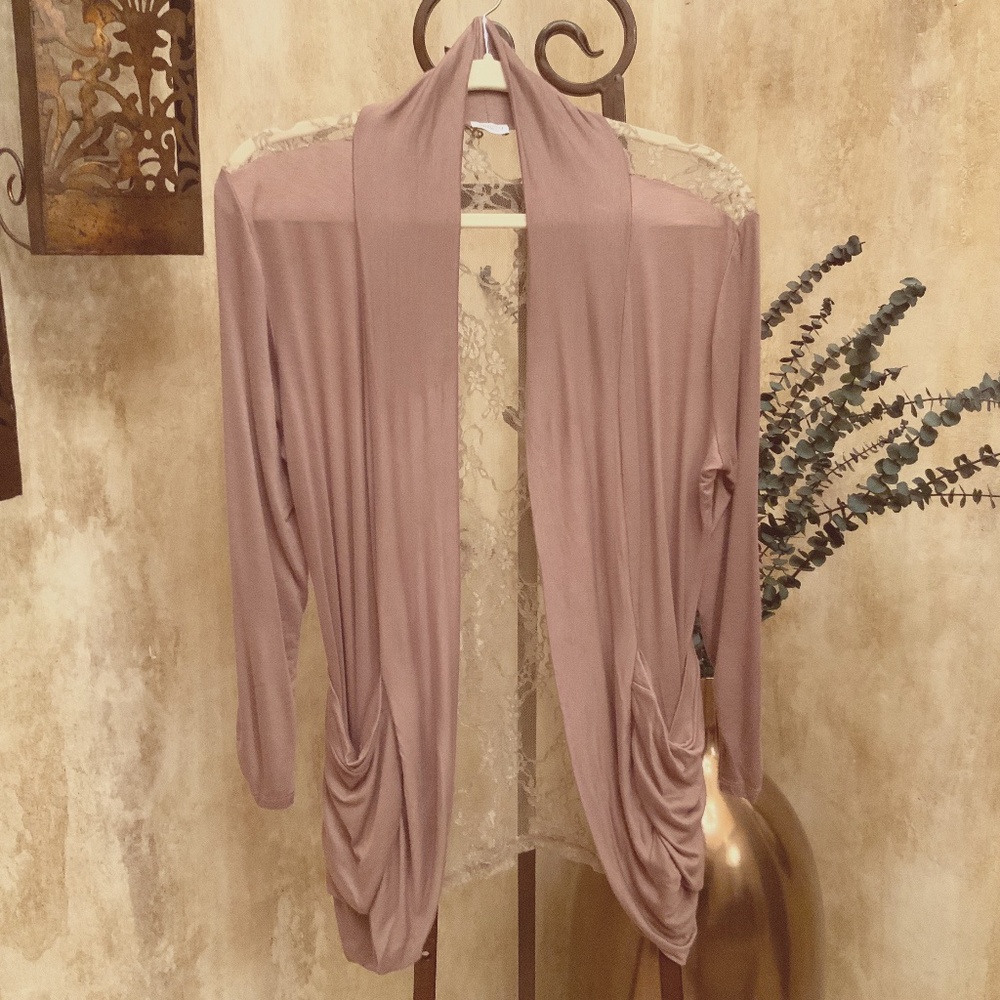 Charming Charlie Tan & Lace Lightweight Cardigan.  Shawl Collar.  Size XL.